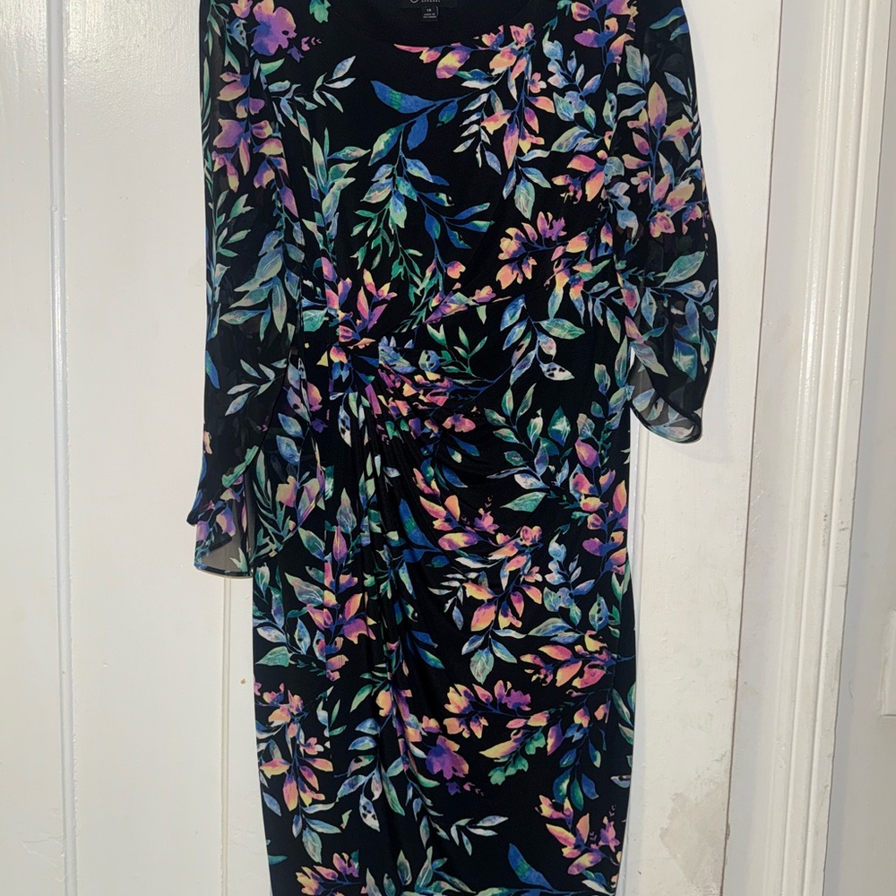 Connected Apparel Black Dress with Multicolor Floral Design